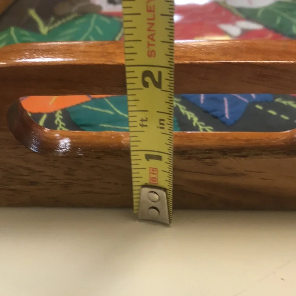 Vintage Wooden Tray w/ Mola Folk Art Parrot & Flowers Fabric Under Glass Surface